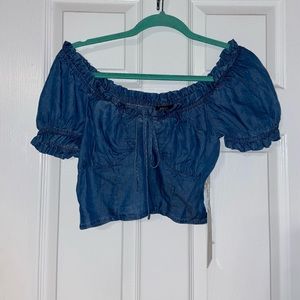 Denim Front-Tie Short Sleeve Crop Top